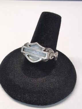 Harley Davidson Sterling Shield Ring W/ Mother Of Pearl Shell Inlay